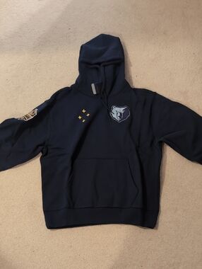 Men's Navy Blue Hooded Pullover Sweatshirt With Grizzly And Ovo Logo